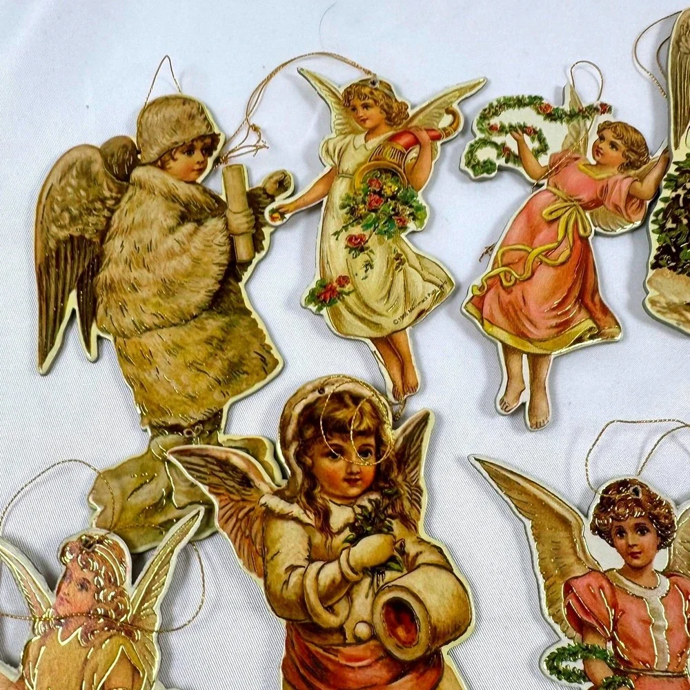 Vintage 70s 80s Merrimack Victorian Style Paper Christmas Ornaments Set 9pc